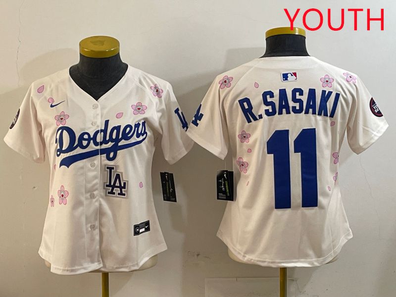 Youth Los Angeles Dodgers #11 R.Sasaki Cream Sakura Edition 2025 Nike MLB Jersey style 9->youth mlb jersey->Youth Jersey